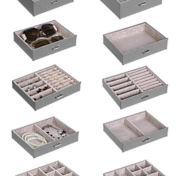 Les compartiment de la grande boîte à bijoux en cuir à 5 tiroirs gris sont présentés : avec et sans bijoux (10 petites photos)