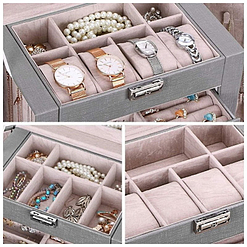 Plateau supérieur de la grande boîte à bijoux en cuir à 4 tiroirs gris