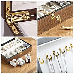 Collage de photos de la boîte à bijoux bois compartiment et montres (détails intérieurs)