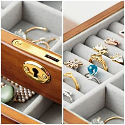Collage de 2 photos de détails de la grande boîte à bijoux à miroir (compartiments)