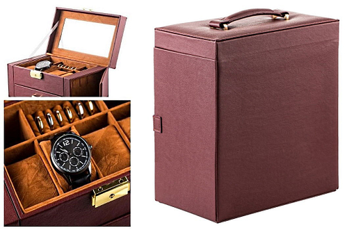 Collage de photos de détails de la grande boîte à bijoux en cuir marron à 4 tiroirs
