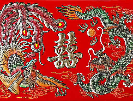 Motif peint sur le couvercle de la boîte à bijoux originale 'Dragon et Phénix'