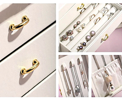 Collage de photos des détails de la boîte à bijoux avec portes cuir blanc