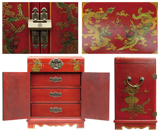 Collage de 4 photos de détails de l'armoire à bijoux originale