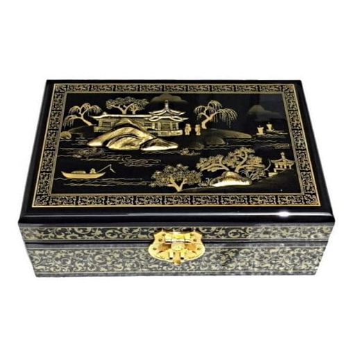 Dessus de la boîte avec une vue de Suzhou peinte en or sur fond noir
