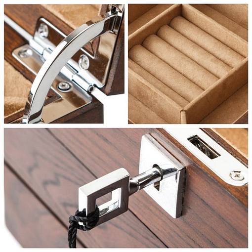 Collage de 2 photos détaillant la serrure et la charnière de la boîte en bois à 2 tiroirs
