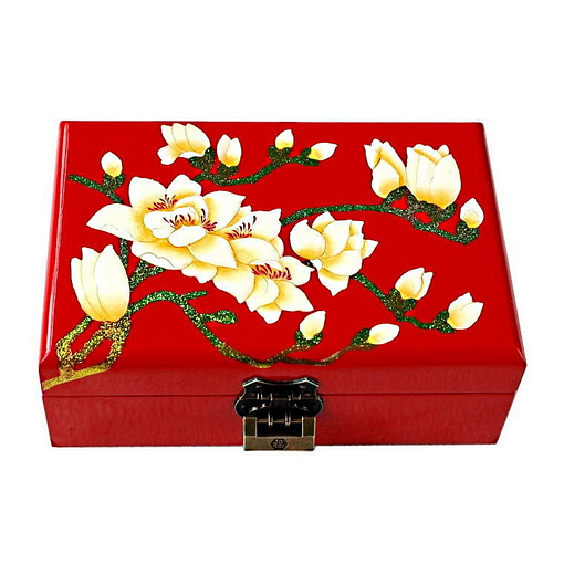 Dessus de la boîte représentant les fleurs blanches d'un prunier sur fond rouge