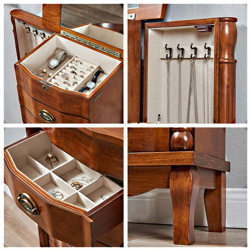 collage de 4 photos détaillant compartiments (portes, tiroirs) et pied de la boîte