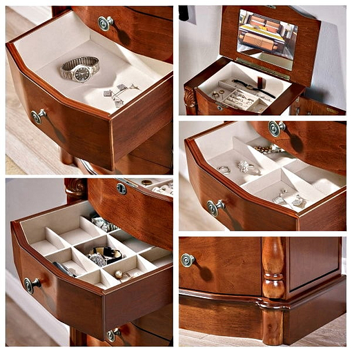 collage de 5 photos détaillant les tiroirs, pied et compartiment sup. de la boîte