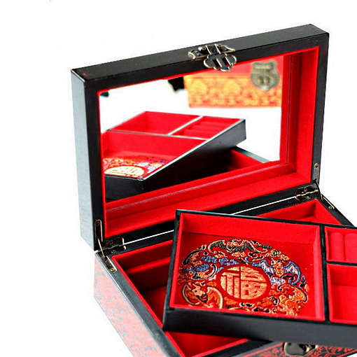 Boîte à bijoux originale 'fleurs de nénuphar' présentée ouverte, avec plateau supérieur déposé