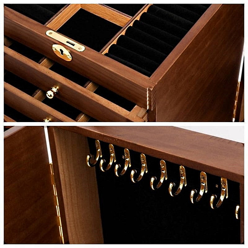 2 photos montrent les détails de la grande boîte à bijoux à 9 tiroirs (crochets et compartiments intérieurs)