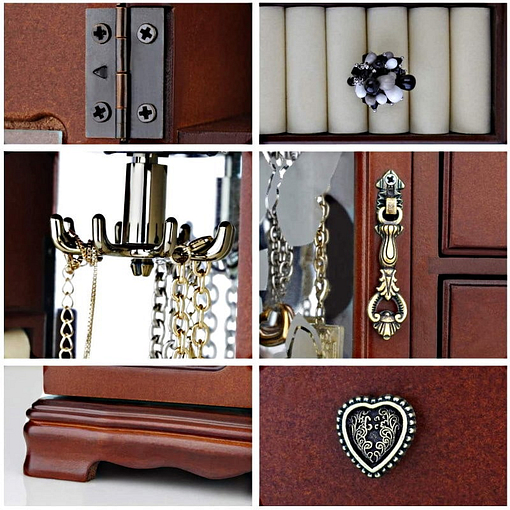 Collage de 6 photos présentant des détails de la grande boîte à bijoux avec vitre et tiroirs (charnière, poignées, pied...)