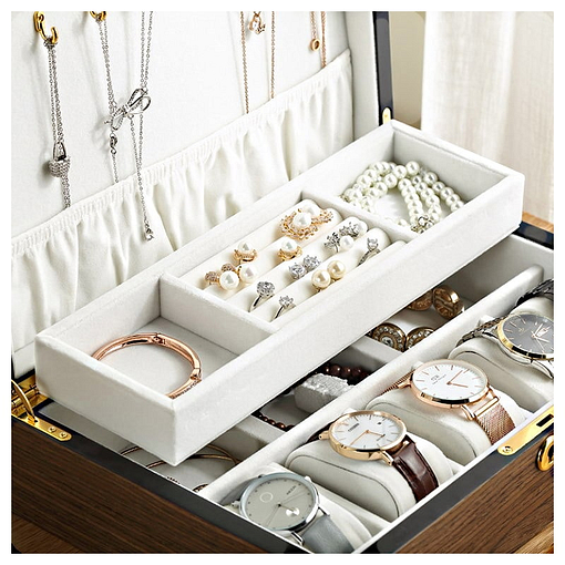 Plateau interne de la boîte à bijoux bois compartiment et montres (ouverte, avec bijoux)