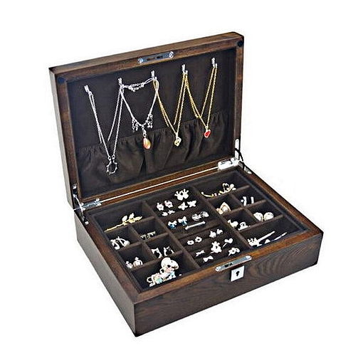 Vue de 3/4 de la boîte à bijoux en bois compartimentée (ouverte, avec bijoux)