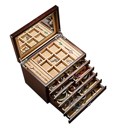 Vue de dessus de la grande boîte à bijoux en bois à 6 tiroirs (ouverte, avec bijoux)