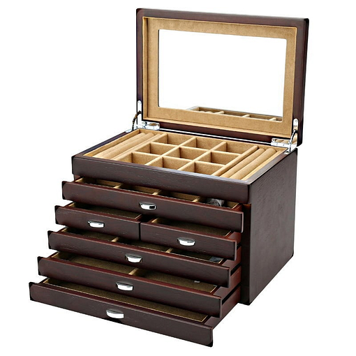 Vue de 3/4 de la grande boîte à bijoux en bois à 6 tiroirs (ouverte)