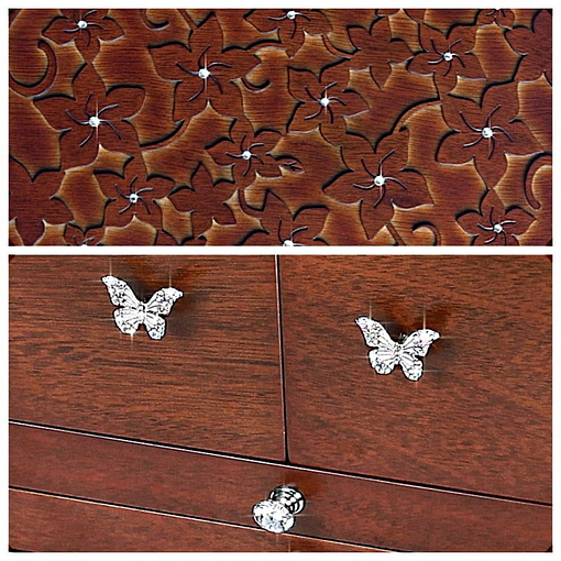 Collage de 2 photos présentant le couvercle et les tiroirs de la grande boîte à bijoux en bois à compartiments