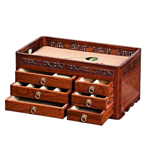 Vue de 3/4 de la grande boîte à bijoux en bois originale (avec tiroirs ouverts)