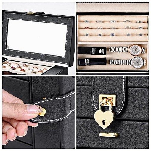 Collage de 4 photos présentant des détails de la boîte à bijoux en cuir à 5 tiroirs (fermoir et plateau supérieur)