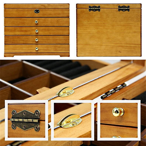 Collage de photos présentant des détails de la boîte à bijoux à 4 tiroirs (1/2)