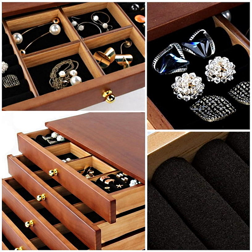 Collage de photos présentant des détails de la boîte à bijoux à 5 tiroirs