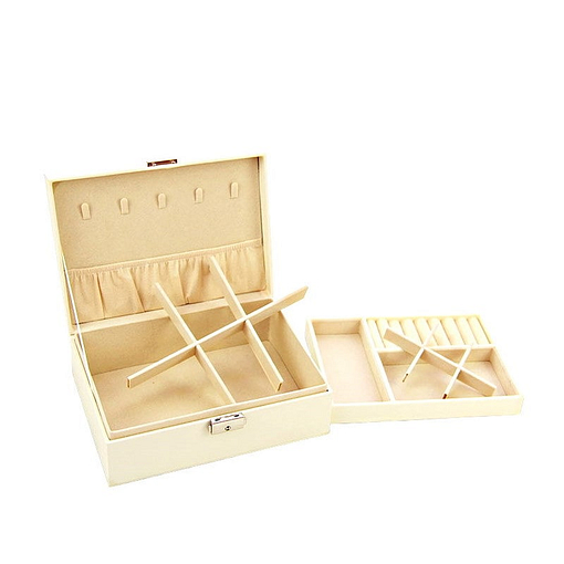 Boîte à bijoux aspect cuir blanc ouverte, vue sur les compartiments