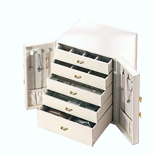 Vue de 3/4 de la boîte à bijoux avec portes cuir blanc (ouverte)
