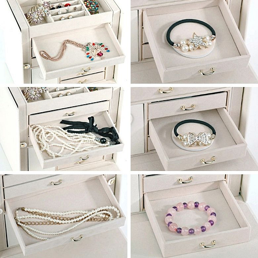 Compartiments de la boîte à bijoux cuir blanc 6 tiroirs porte-bagues