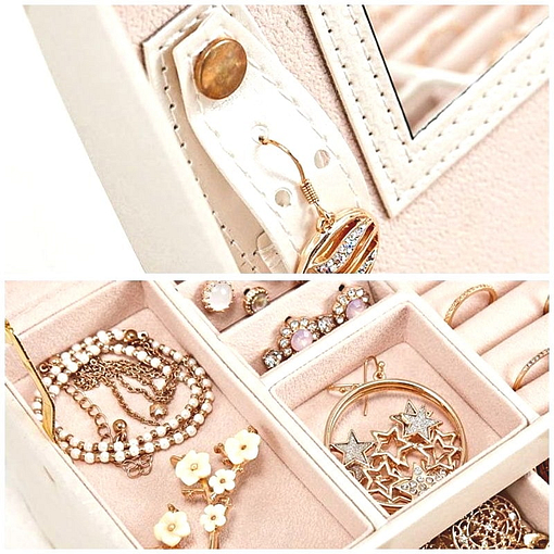 collage de 2 photos montrant les compartiments de la boîte à bijoux en cuir blanc