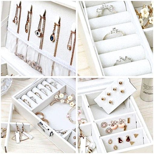 collage de 4 photos des compartiments de la boîte à bijoux femme cuir blanc