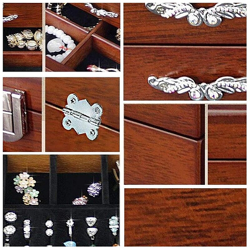 Collage de photos de détails de la boîte à bijoux en bois classique à tiroir