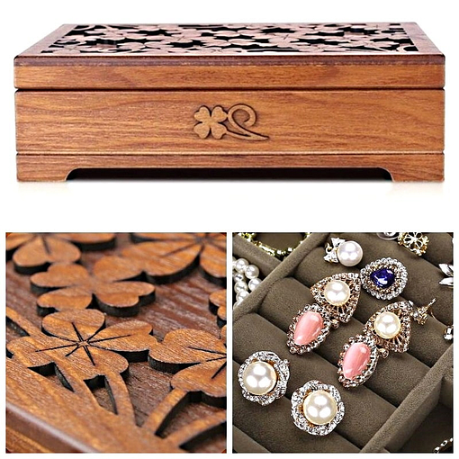 Collage de 3 photos de détails de la boîte à bijoux en bois fleurs (couvercle & compartiment)