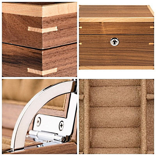Collage de 4 photos de détails de la boîte à bijoux en bois 'grand cube'