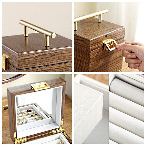 Collage de 4 photos présentant les détails de la boîte à bijoux en bois 'petit cube'