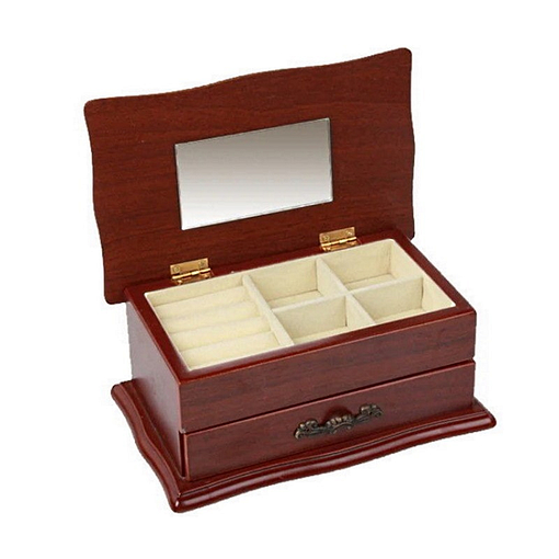 Vue de 3/4 de la boîte à bijoux en bois sarcophage à tiroir (plateau supérieur)