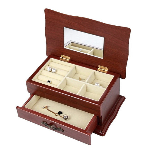 Vue de 3/4 de la boîte à bijoux en bois sarcophage à tiroir (ouverte)