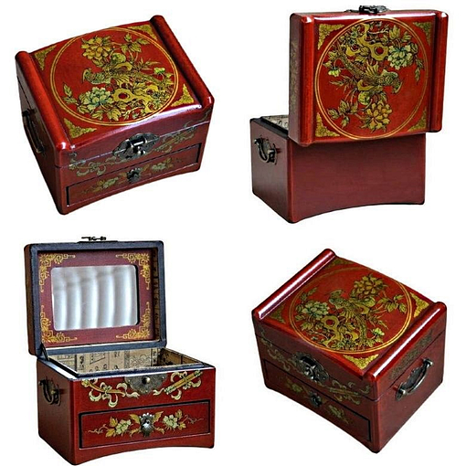 Collage de 4 photos détaillant la boîte à bijoux originale à tiroir sous tous les angles (couvercle, ouverte...)
