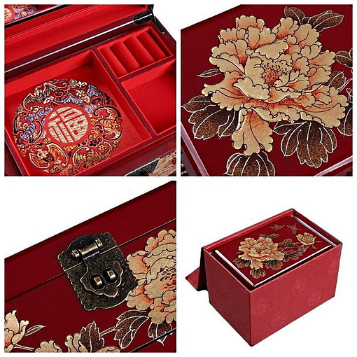 Collage de 4 photos de détails de la boîte à bijoux originale 'pivoines dorées'