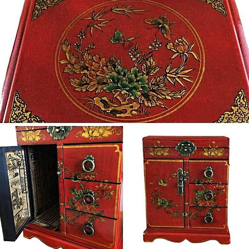 Collage de 3 photos des détails de la boîte à bijoux originale porte et tiroirs