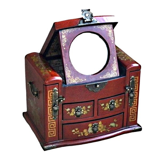 Vue de 3/4 de la boîte à bijoux originale à tiroirs verticaux (miroir déployé)