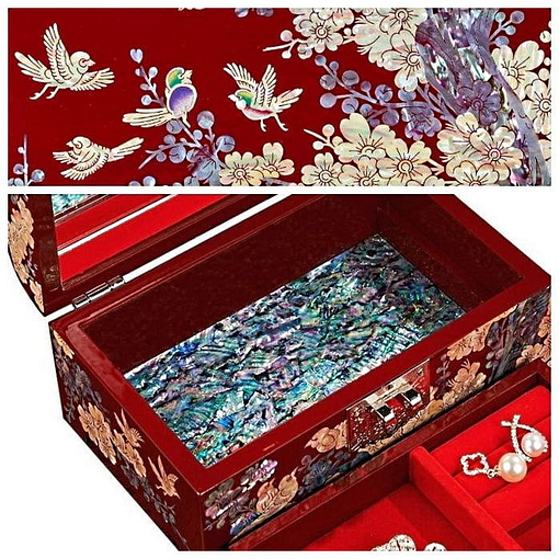 Collage de 2 photos présentant les motifs du couvercle et l'intérieur du coffret à bijoux original 'oiseaux'