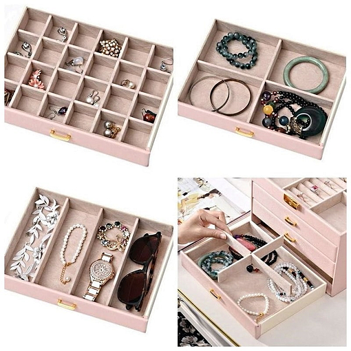 Collage de 4 photos présentant les rangements de la grande boîte à bijoux en cuir rose à 3 tiroirs