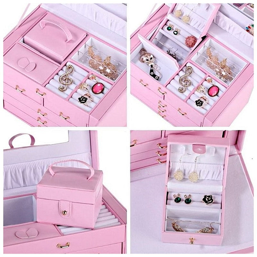 Collage de 4 photos présentant le plateau supérieur et l'écrin additionnel de la grande boîte à bijoux en cuir rose à compartiments