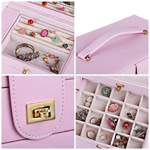 Collage de 4 photos présentant les détails (compartiments, poignée..) de face de la grande boîte à bijoux en cuir rose à portes
