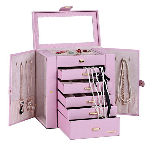 Vue de face de la grande boîte à bijoux en cuir rose à portes (ouverte, avec bijoux)