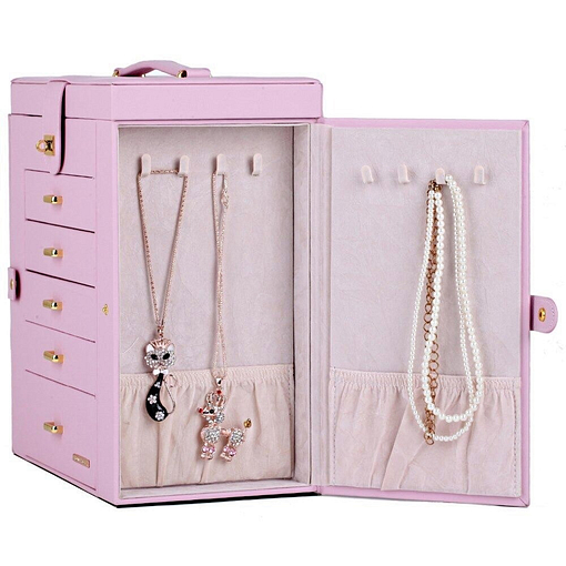 Vue de côté de la grande boîte à bijoux en cuir rose à portes (porte latérale ouverte)