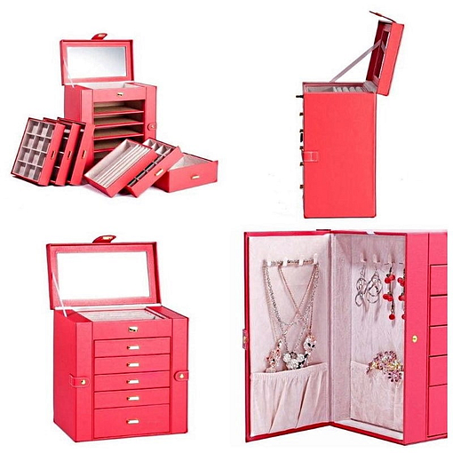Collage de 4 photos présentant les différentes vues de la grande boîte à bijoux en cuir rouge à 5 tiroirs