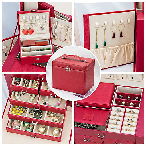 Collage de 4 photos présentant les rangements de la grande boîte à bijoux en cuir rouge à portes