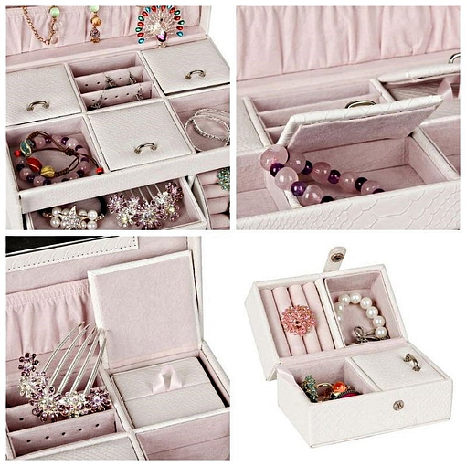 Collage de 4 photos de détails de la boîte à bijoux en cuir blanc 3 tiroirs et étui (compartiments supérieurs)