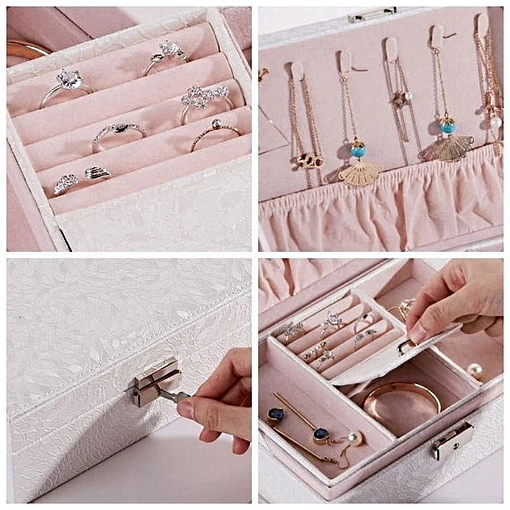 Collage de 4 photos de détails de la boîte à bijoux en cuir blanc à double fond